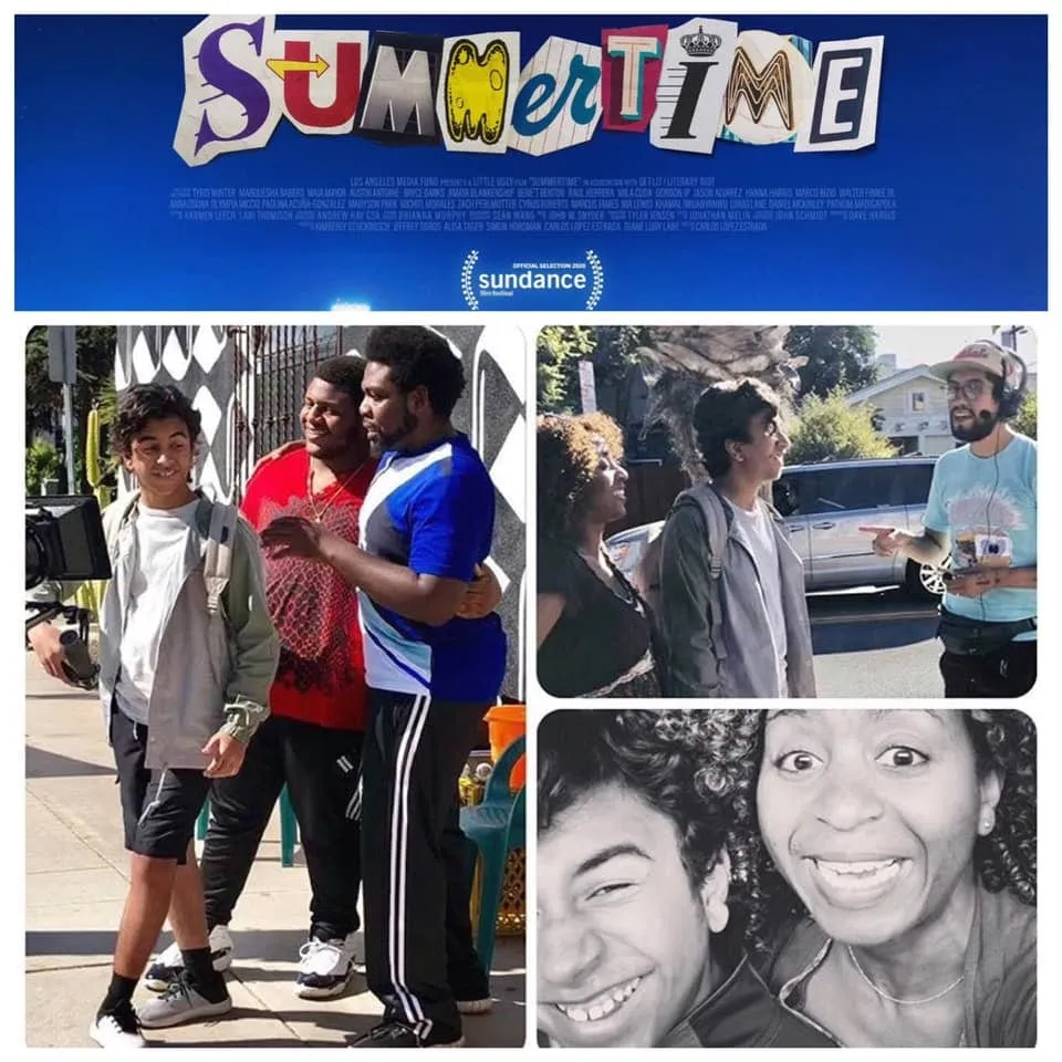 On set with real son while shooting, “Summertime” with Director, Carlos Lopez Estrada