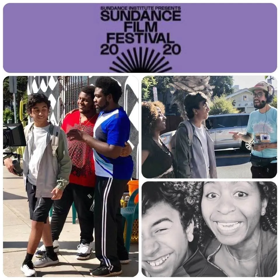 Sundance Film Festival 2020 banner above on-set photos from Summertime: a teen with a backpack, a woman, a crew member in a headset, and a selfie