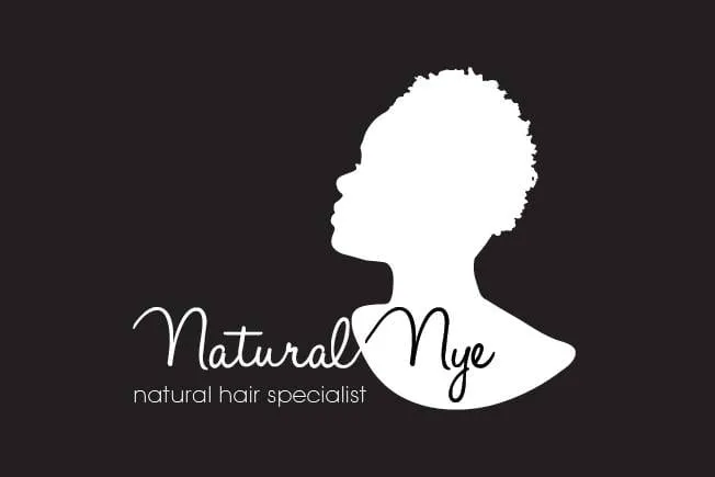 Natural Nye natural hair specialist logo: a white silhouette of a woman’s head and shoulders with a natural puff hairstyle on black