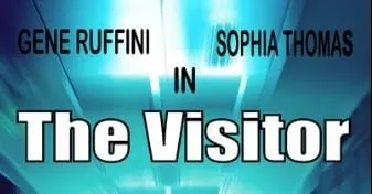 Top of The Visitor poster naming Gene Ruffini and Sophia Thomas in The Visitor over a bright teal corridor