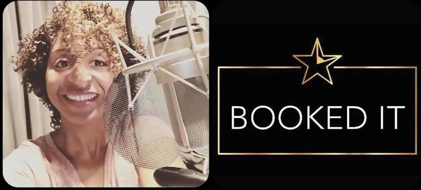 Smiling woman with curly hair beside a studio microphone, next to a black graphic with a gold star reading BOOKED IT