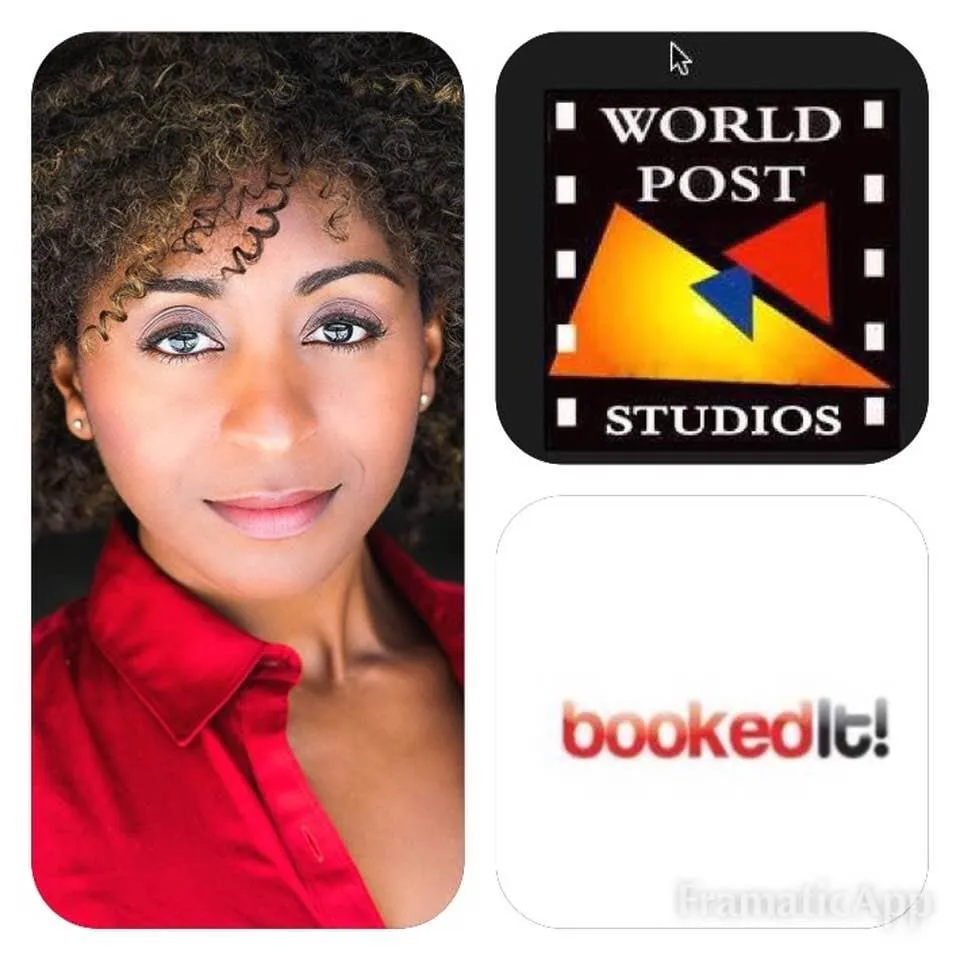 Collage with a headshot of a smiling woman in a red shirt, the World Post Studios film-strip logo and the BookedIt! logo